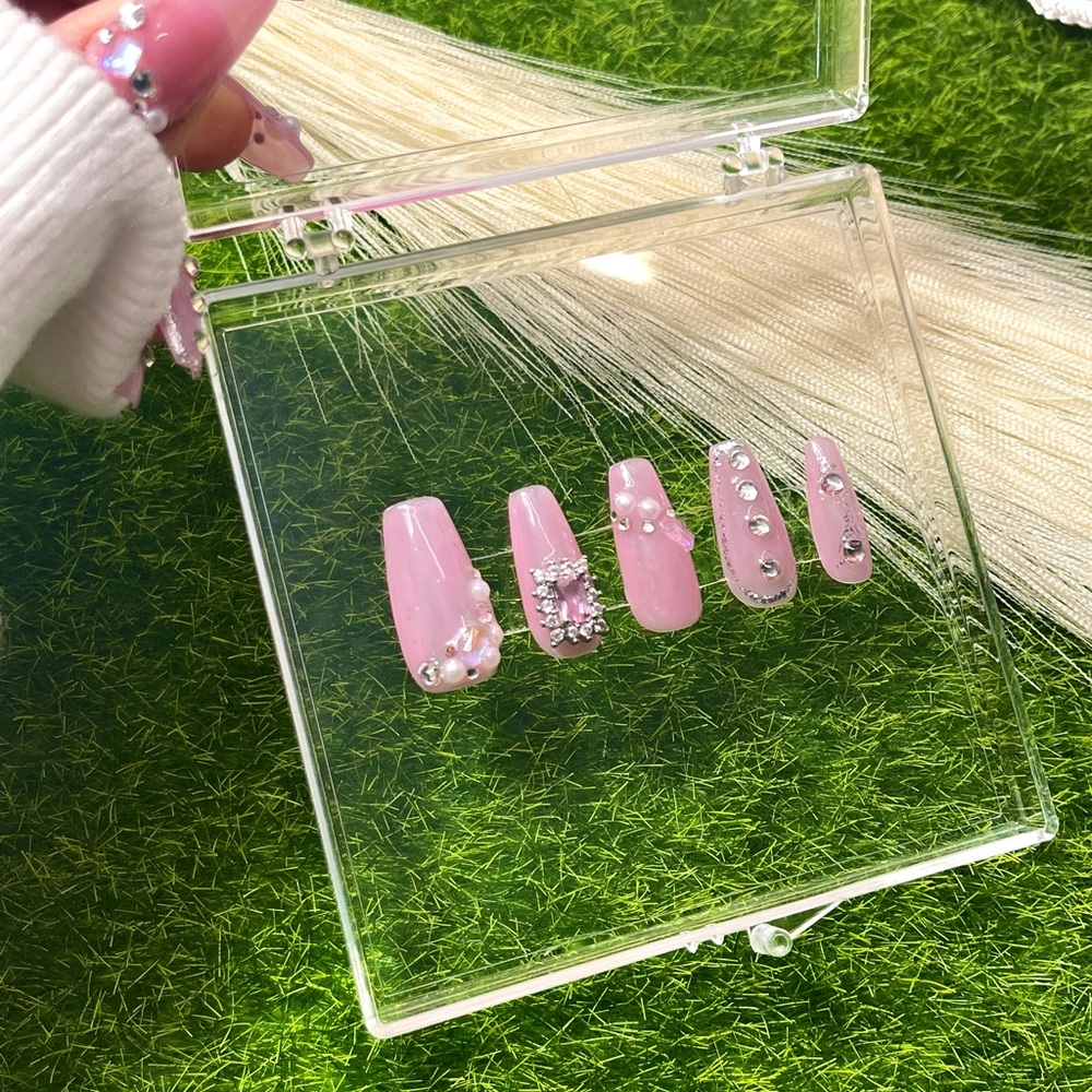 Pink gems and rhinestone Handmade nails, acrylic and press on nails, false nail